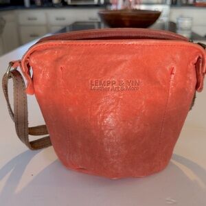 Artist made Crossbody Orange leather bag with long leather strap by Lempp & Yin